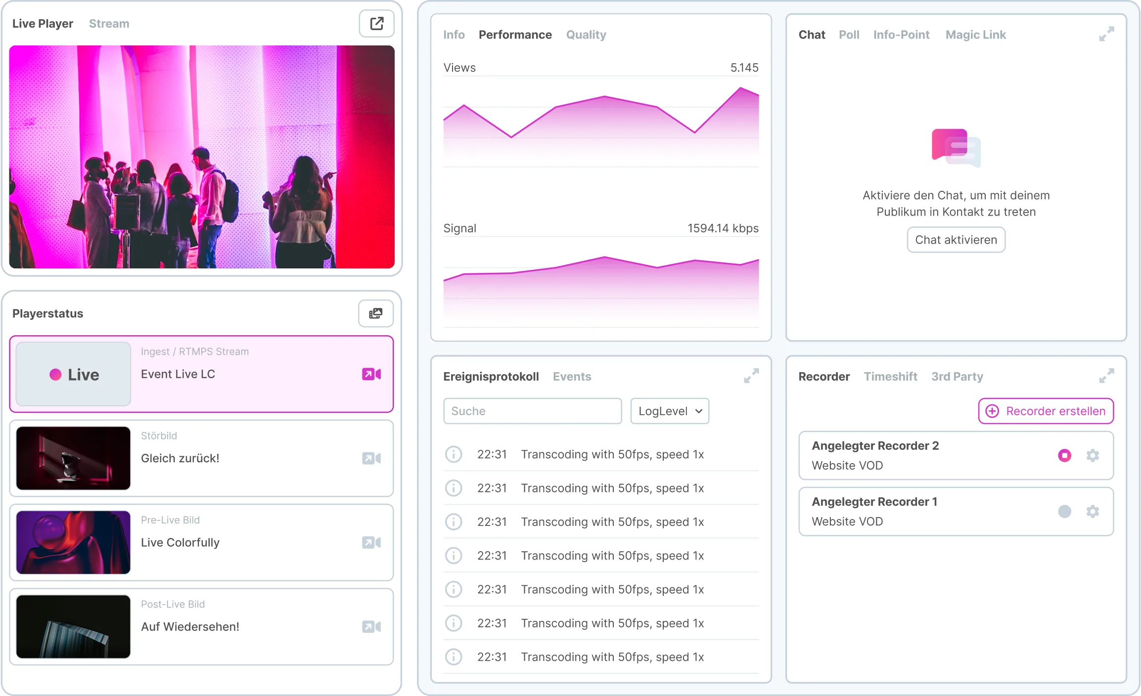 3Q DE Video Hosting und Streaming Plattform Livestreaming Dashboard