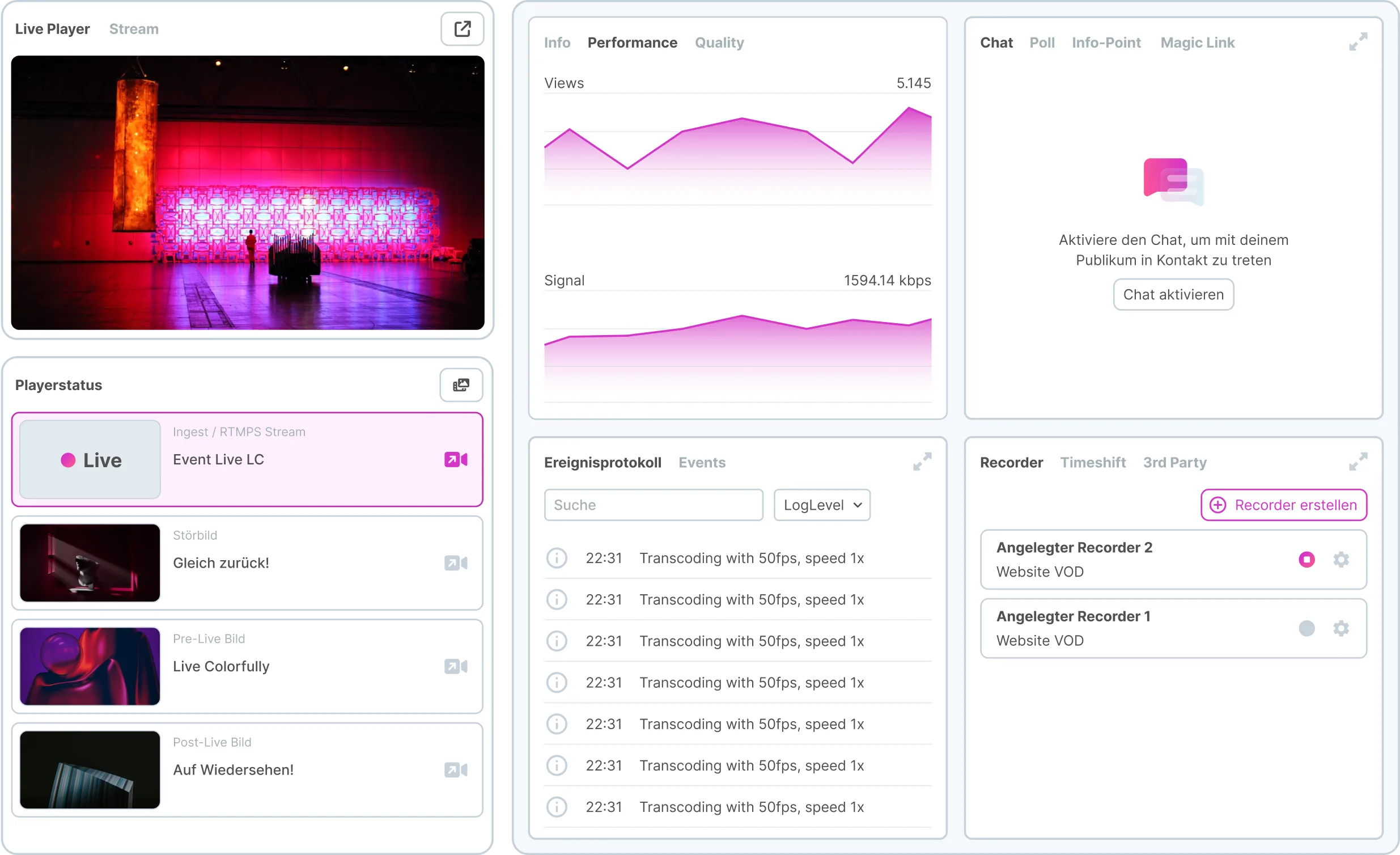 3Q Livestreaming Plattform Dashboard DE